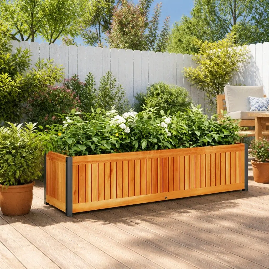 Garden Planter Box Wooden Acacia 110cm x 30cm x 27.5cm Brown Outdoor Flower Container