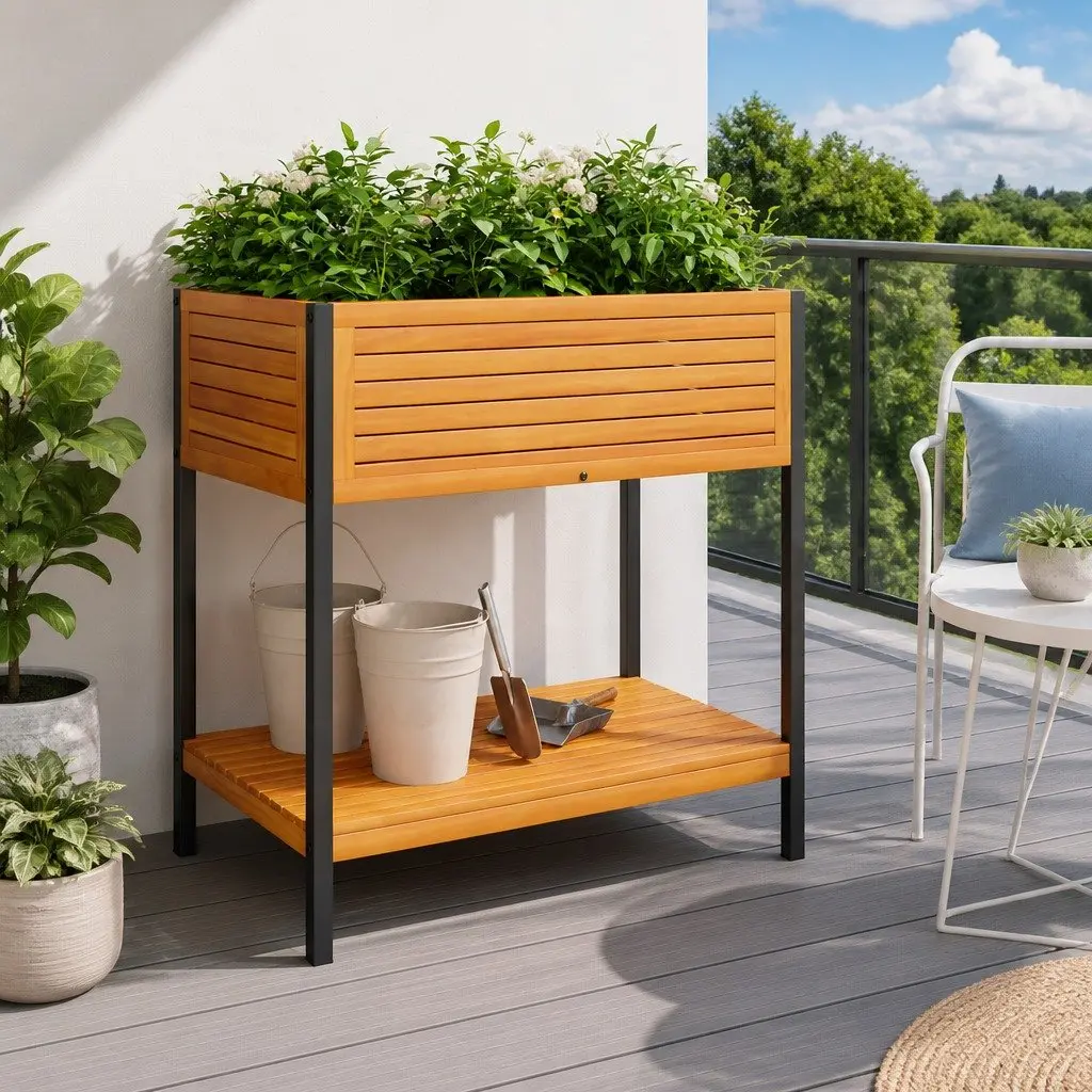 Garden Planter 80x45x80cm Brown Acacia Wood Steel Frame with Storage Shelf