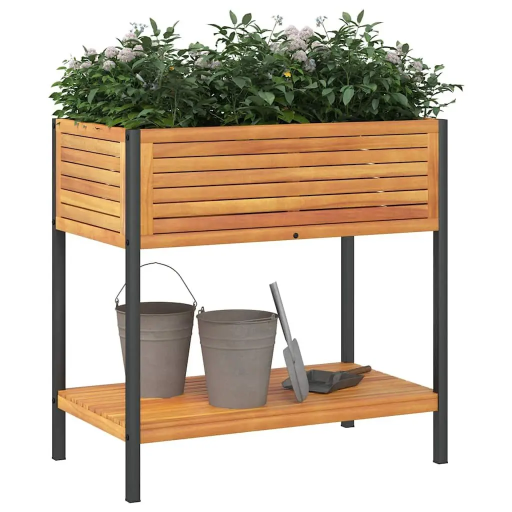 Garden Planter 80x45x80cm Brown Acacia Wood Steel Frame with Storage Shelf