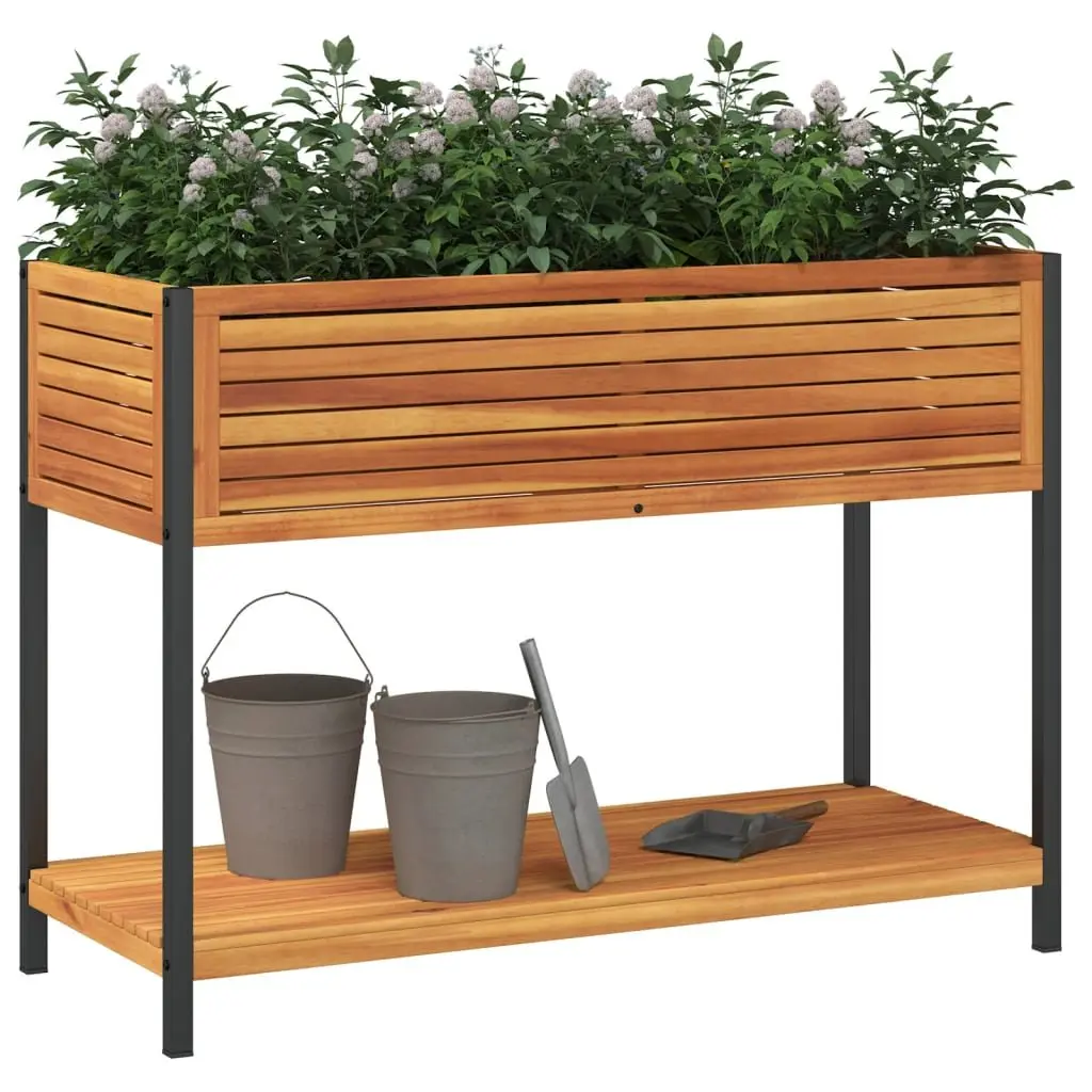 Wooden Garden Planter with Integrated Shelf 110x45x80cm Acacia Steel Frame Brown for Indoor and Outdoor Use