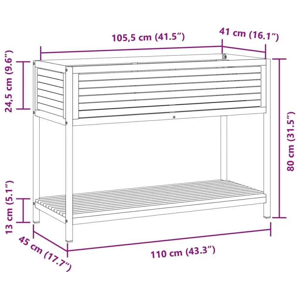 Wooden Garden Planter with Integrated Shelf 110x45x80cm Acacia Steel Frame Brown for Indoor and Outdoor Use