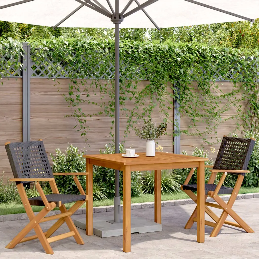 Foldable Chairs Set of 2 Black PE Rattan Acacia Wood Outdoor Garden Seating