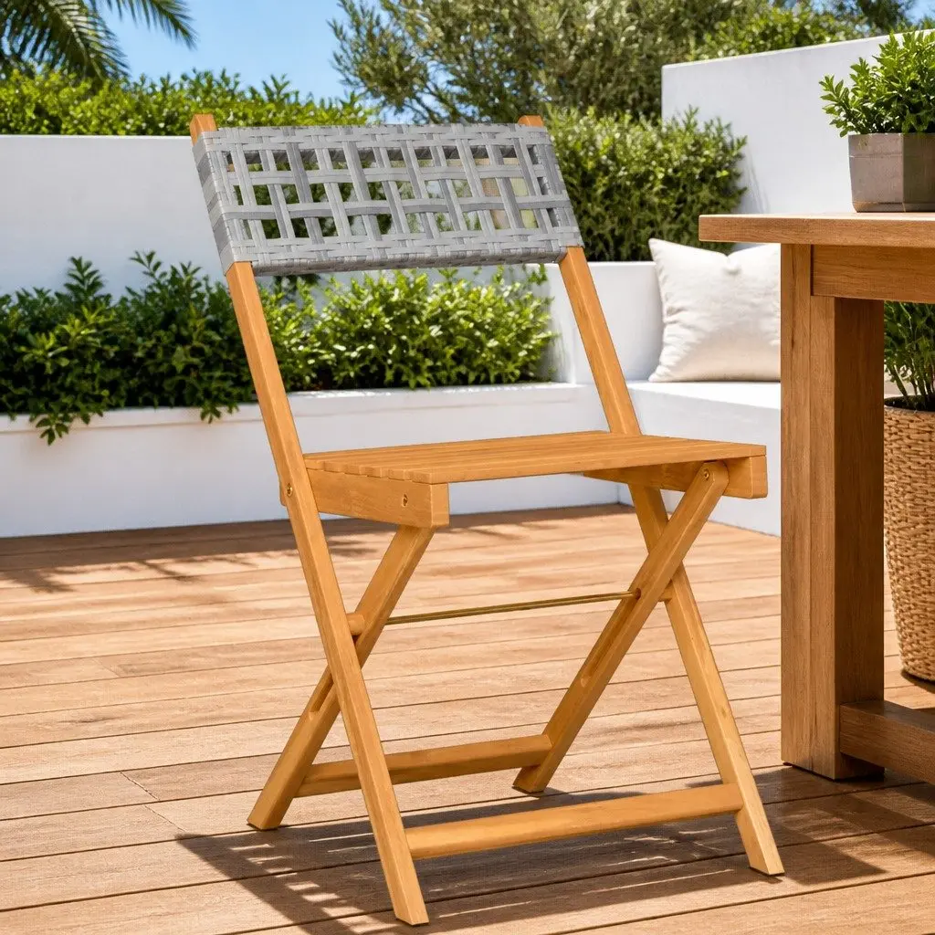 Acacia Wood Rattan Bistro Chairs Grey Folding Outdoor Garden Seating 2 Piece