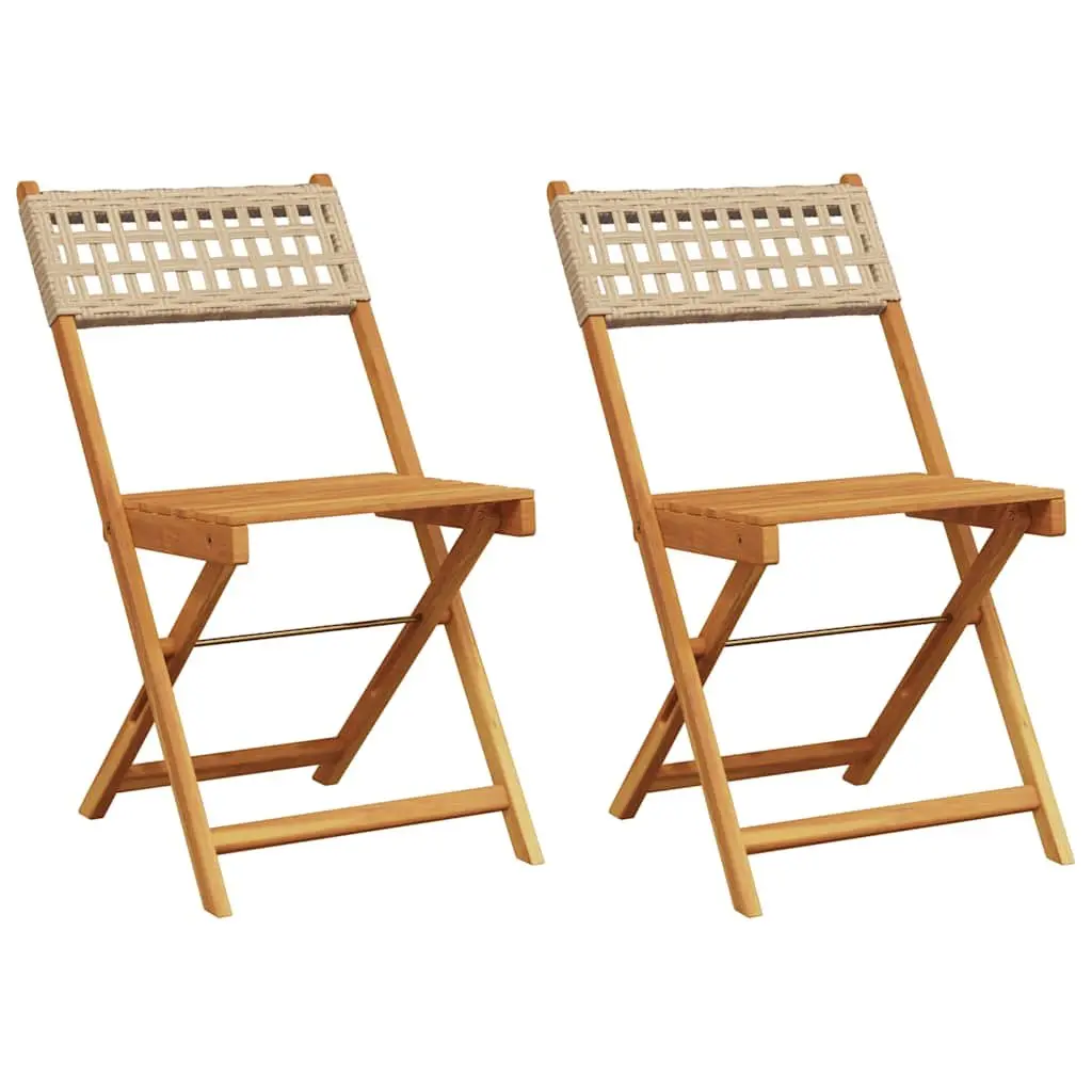 Bistro Chairs Solid Acacia Wood Poly Rattan Folding 2 pcs Beige