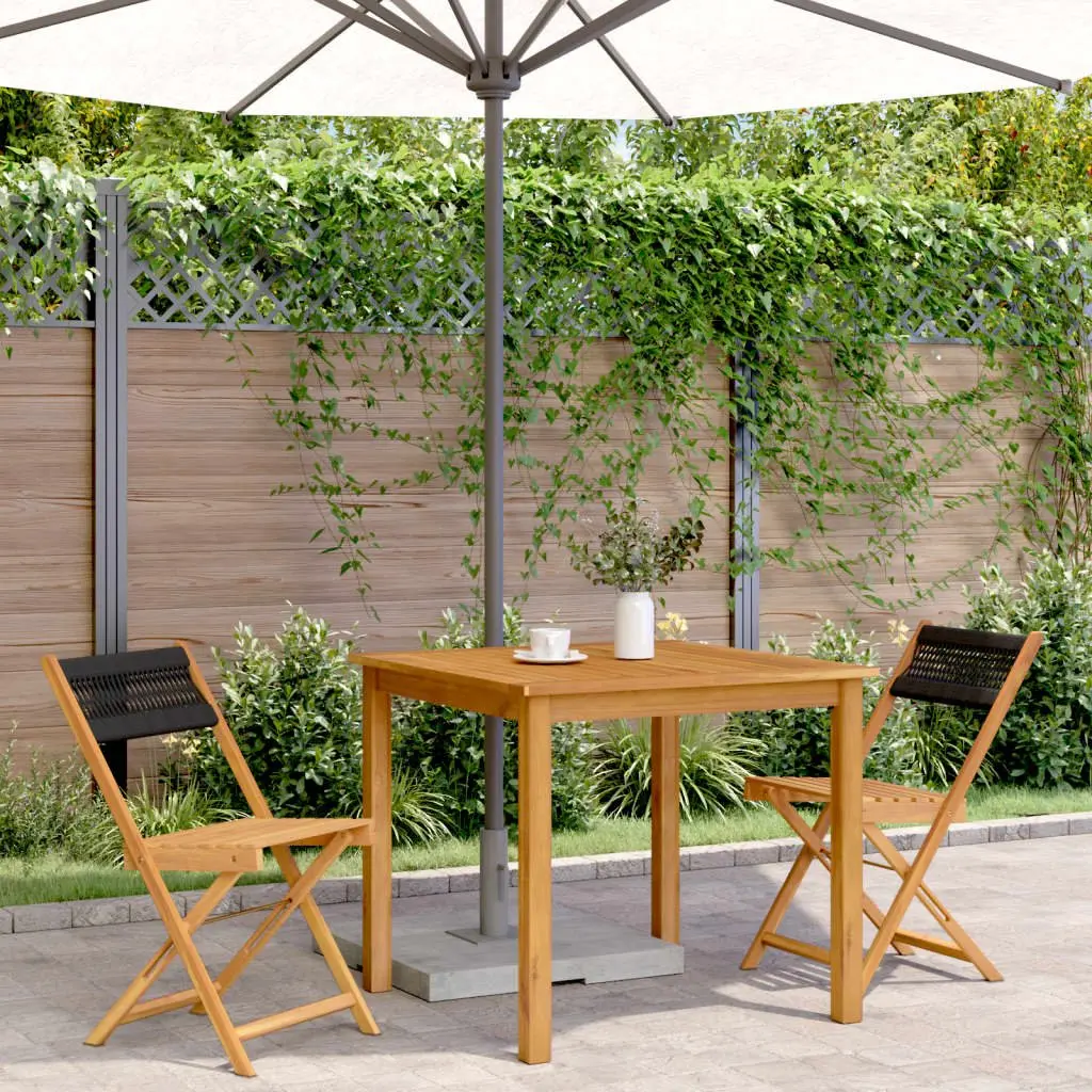 Outdoor Bistro Chairs Solid Acacia Wood Black Rope Backrest Folding 2 Piece