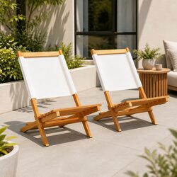 Outdoor Garden Chairs Set 2 pcs Folding Backrest White Acacia Wood Fabric