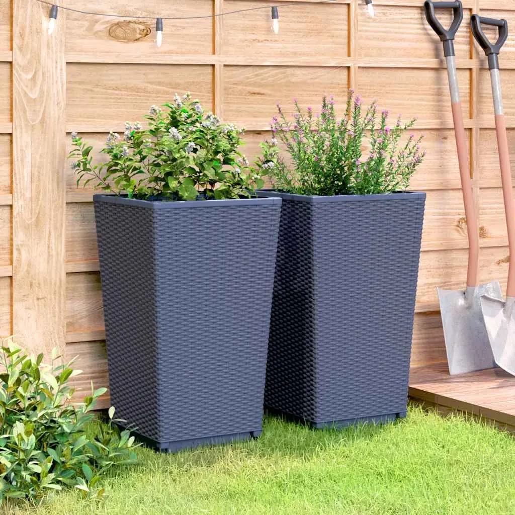 Garden Planters Polypropylene 32.5x57cm Grey Rattan Look 2 Piece Set