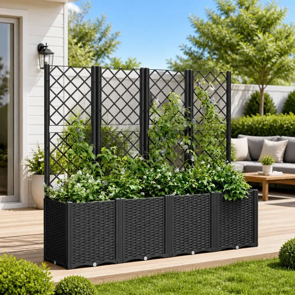 Garden Planter Polypropylene Black 160x40x140cm with Trellis for Climbing Plants Outdoor
