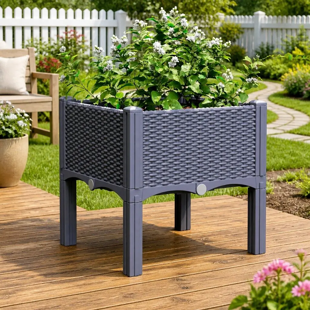 Garden Planter Box Polypropylene 40 x 40 x 42 cm Grey Rattan Look Outdoor Raised Plant Pot