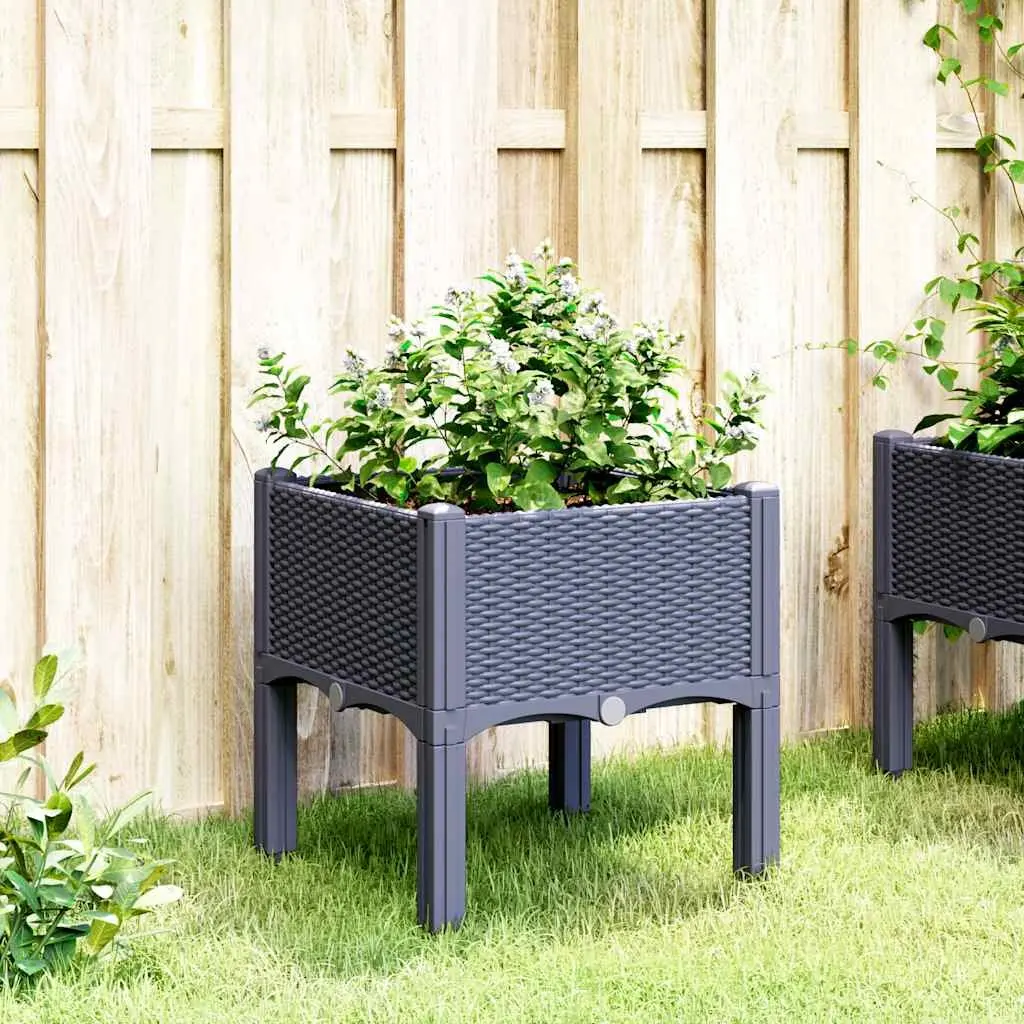 Garden Planter Box Polypropylene 40 x 40 x 42 cm Grey Rattan Look Outdoor Raised Plant Pot