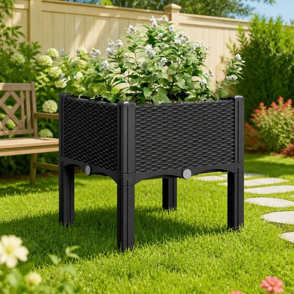 Garden Planter Box Elevated Polypropylene 40x40x42cm Black Rattan
