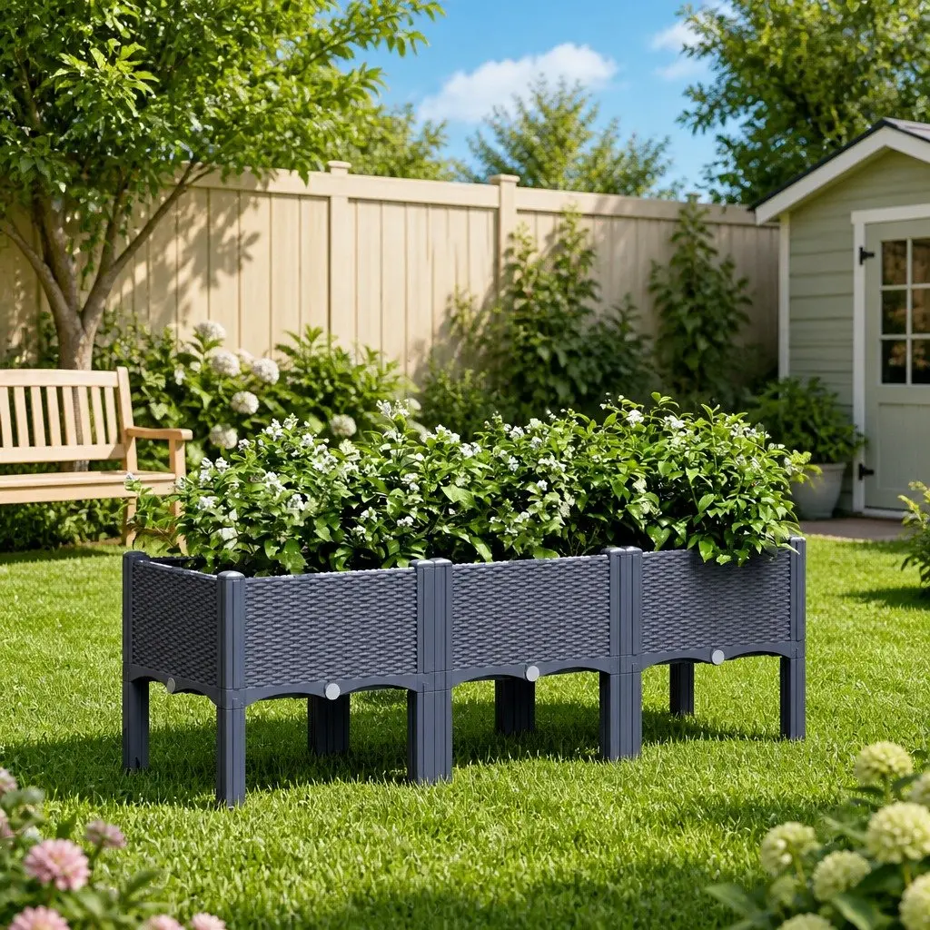 Garden Planter Box Polypropylene 120 x 40 x 42 cm Grey Rattan Look Elevated Legs