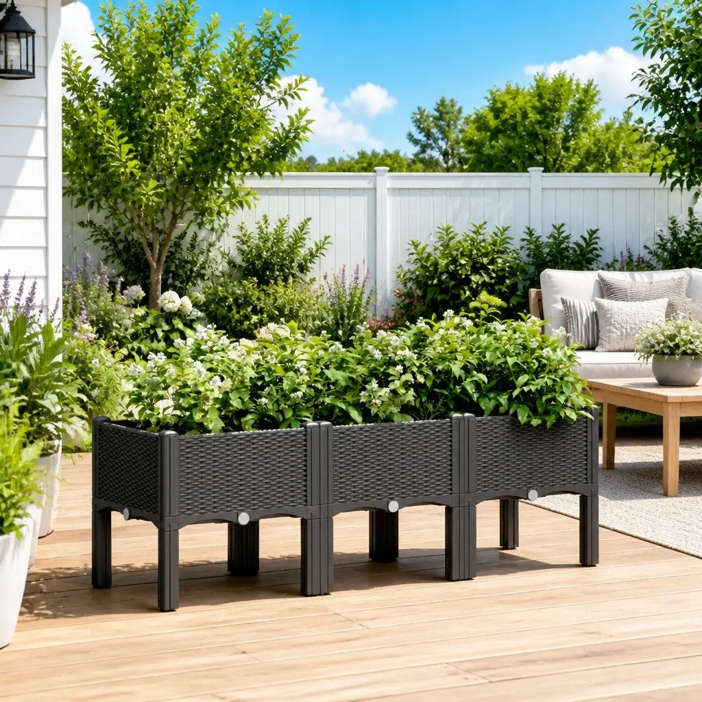 Garden Planter Polypropylene 120x40x42cm Black Rattan Look with Legs