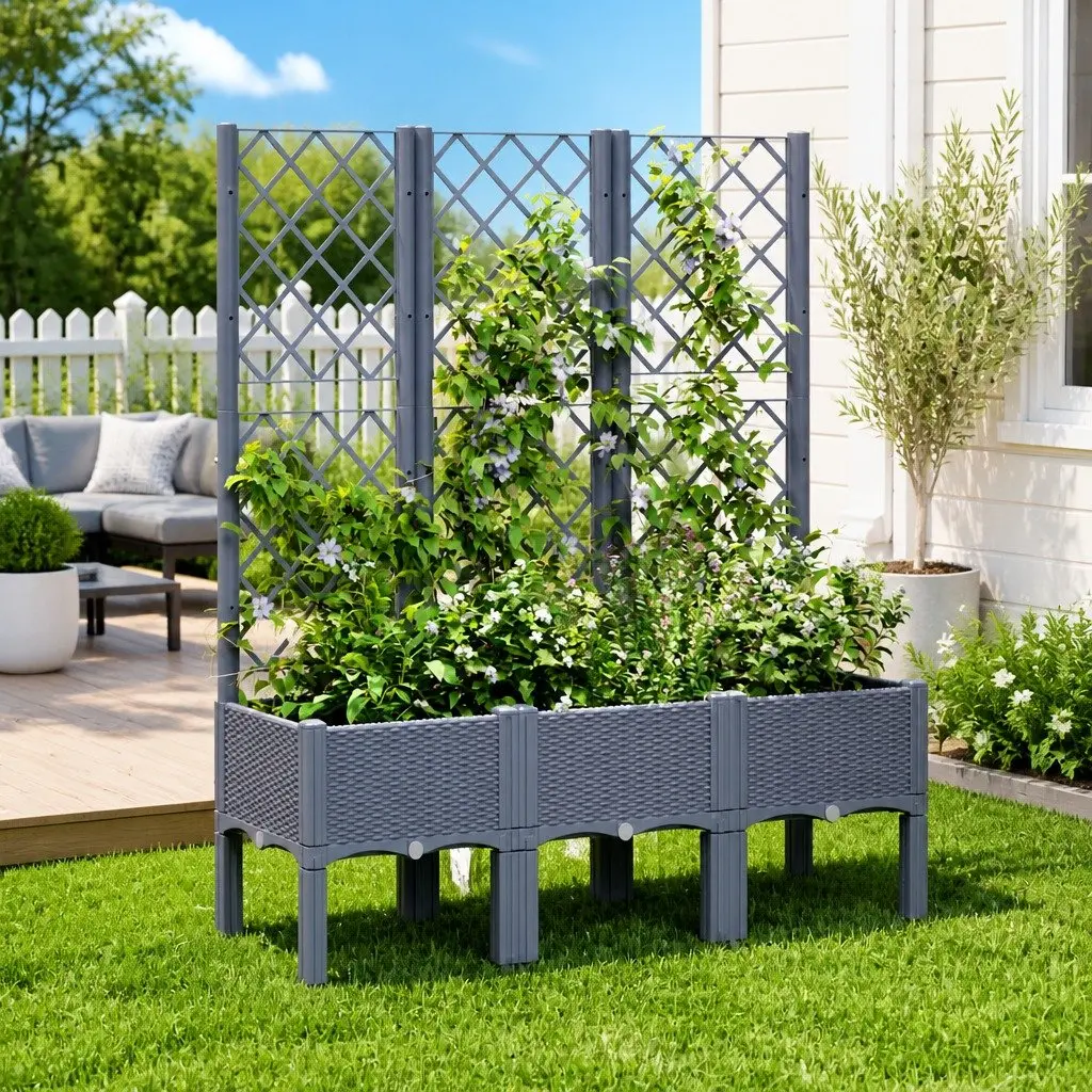 Garden Planter Polypropylene 120 x 40 x 142 cm Grey with Trellis Support for Climbing Plants