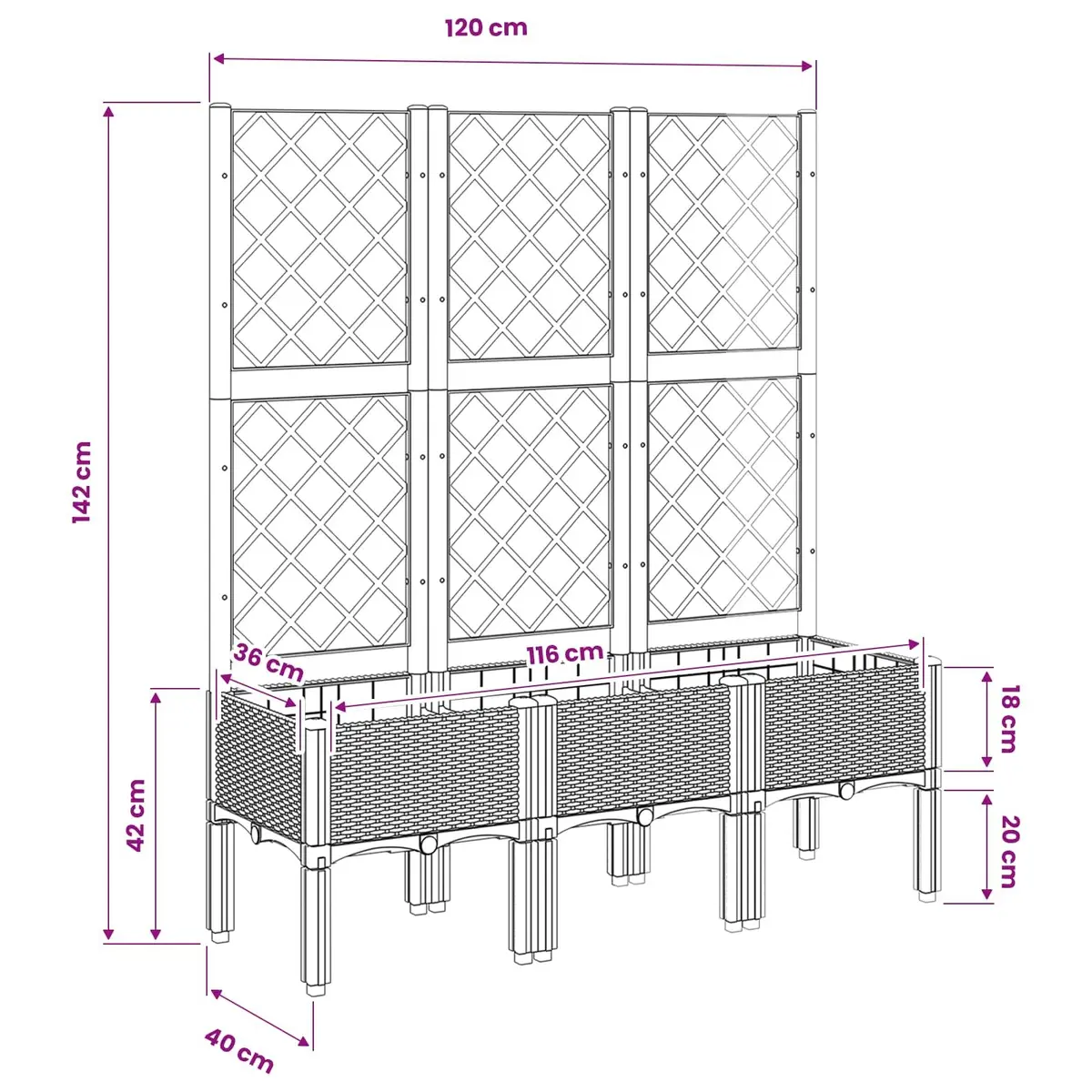 Garden Planter Polypropylene 120 x 40 x 142 cm Grey with Trellis Support for Climbing Plants