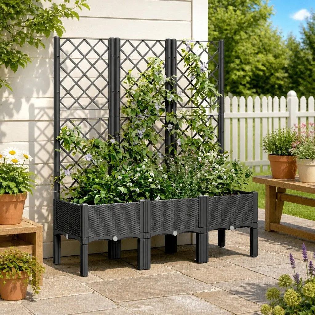 Garden Planter Elevated Black Polypropylene 120x40x142cm with Integrated Trellis for Climbing Plants Support