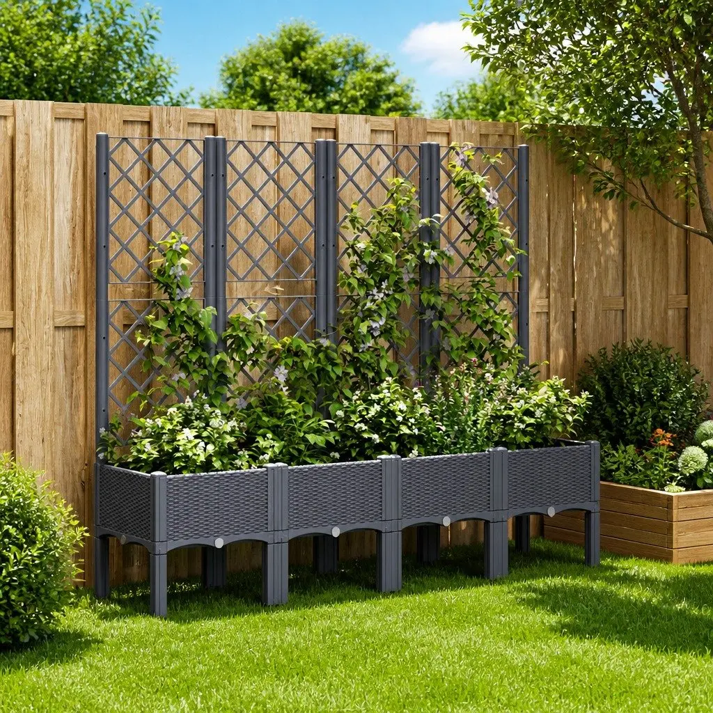 Garden Planter Polypropylene Grey Elevated with Trellis Support for Climbing Plants
