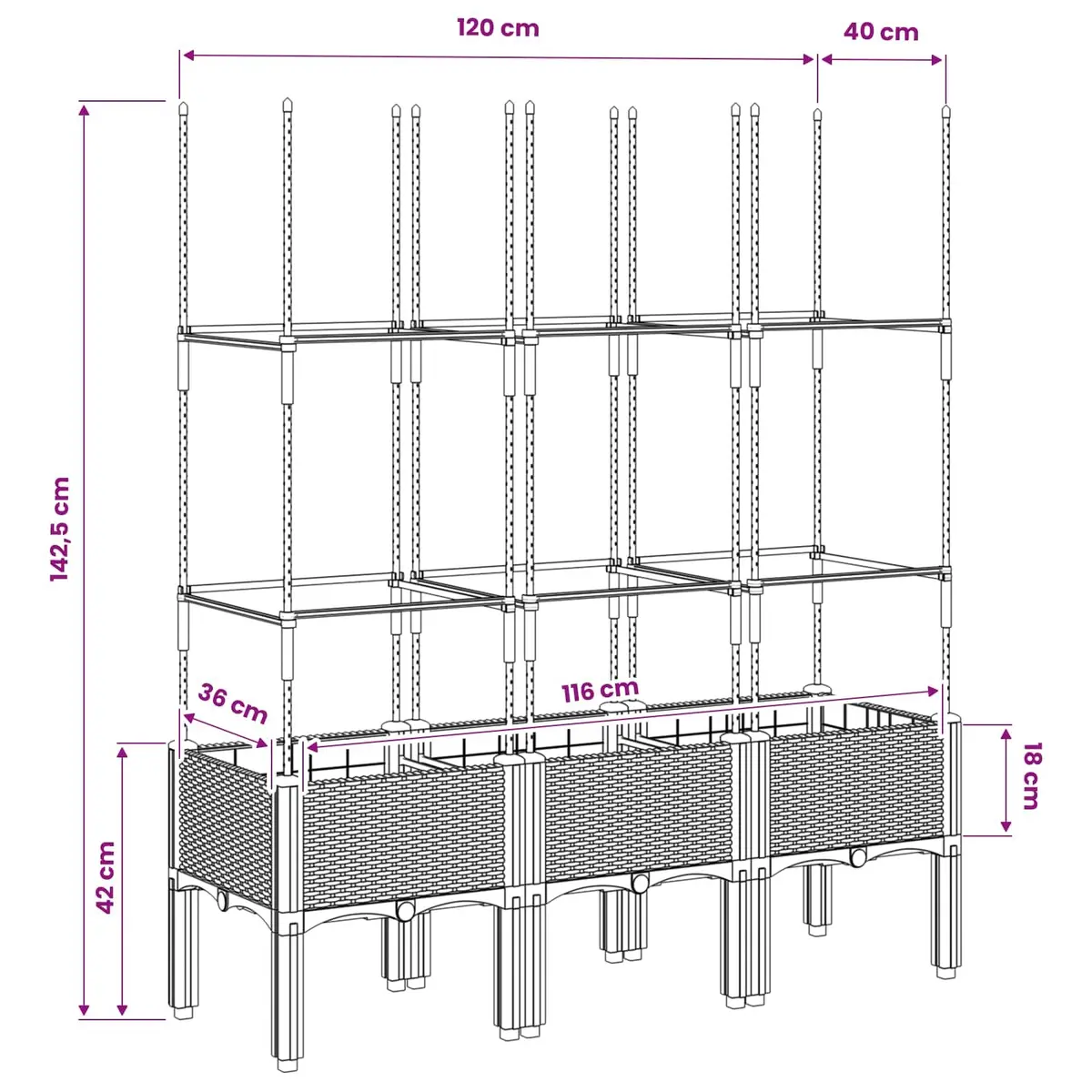Garden Planter Polypropylene 120 x 40 x 142.5 cm Grey with Trellis Support for Climbing Plants
