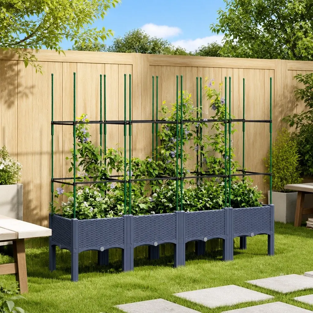 Garden Planter Polypropylene 160 x 40 x 142.5 cm Grey with Trellis Support for Climbing Plants
