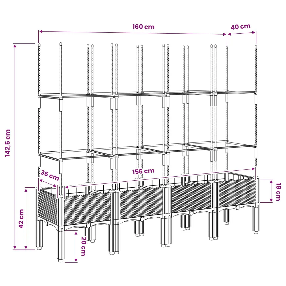 Garden Planter Polypropylene 160 x 40 x 142.5 cm Grey with Trellis Support for Climbing Plants