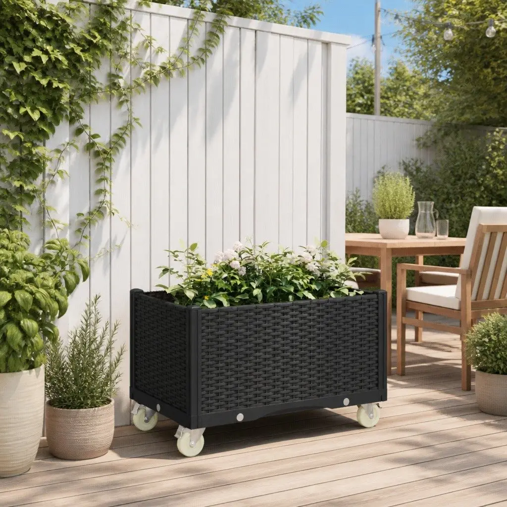 Garden Planter with Wheels Polypropylene 80 x 50 x 54 cm Black Rattan Look