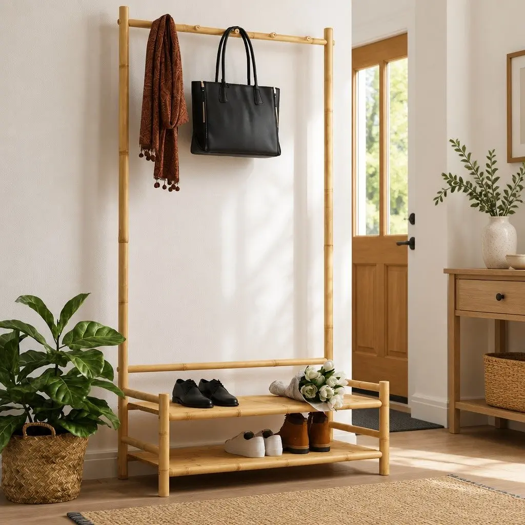 Bamboo Garment Stand 183cm Free-standing Storage Rack with Shelves Brown