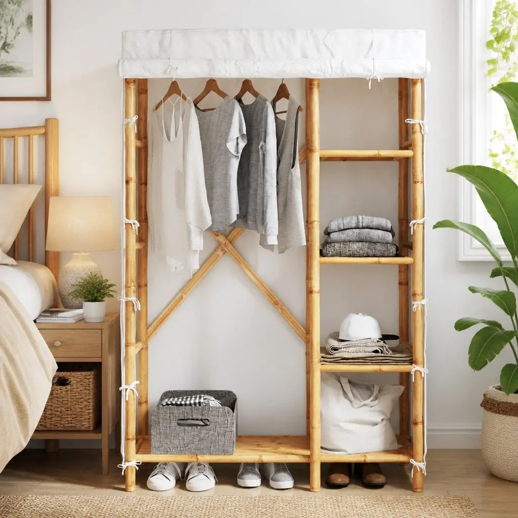 Bamboo Clothes Storage Cabinet Brown 110x45x170cm Wardrobe with 4 Shelves and Breathable Fabric Cover