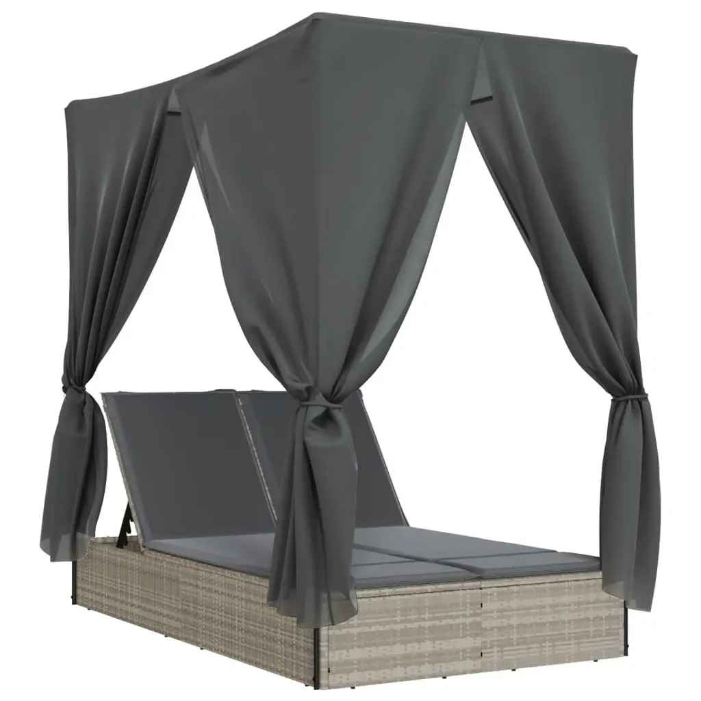 Double Sun Lounger Outdoor Furniture with Adjustable Backrest Roof Curtains Grey