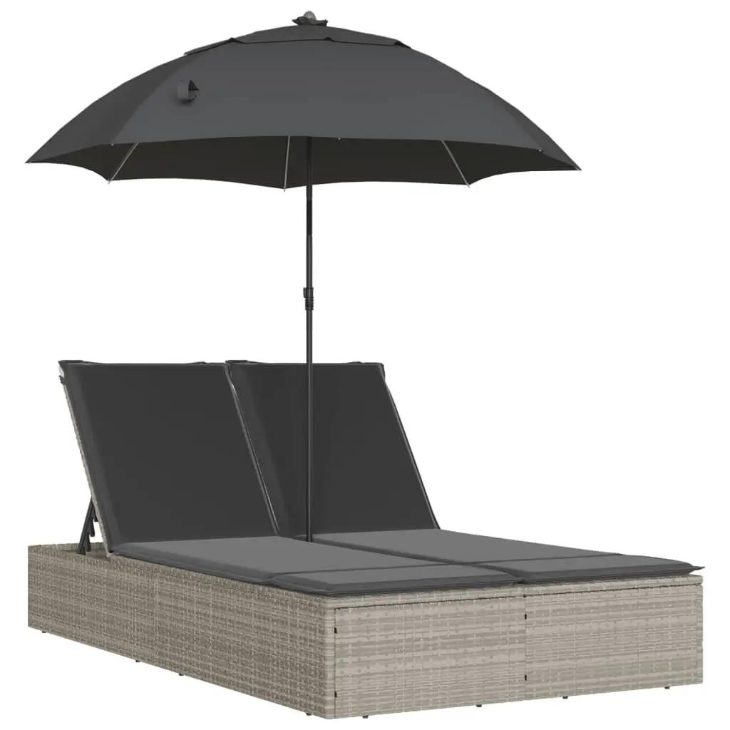 Double Sun Lounger PE Rattan Adjustable Backrest with Parasol Grey
