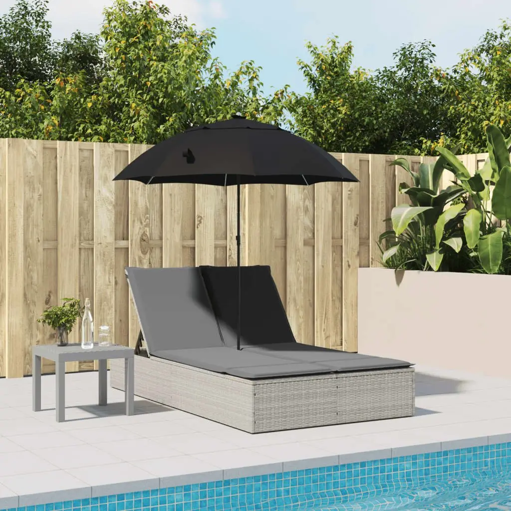 Double Sun Lounger PE Rattan Adjustable Backrest with Parasol Grey