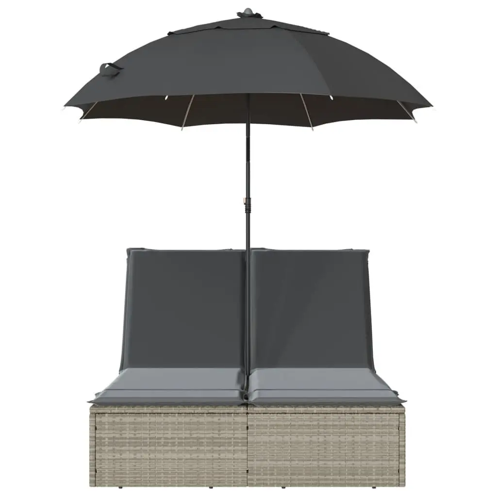 Double Sun Lounger PE Rattan Adjustable Backrest with Parasol Grey