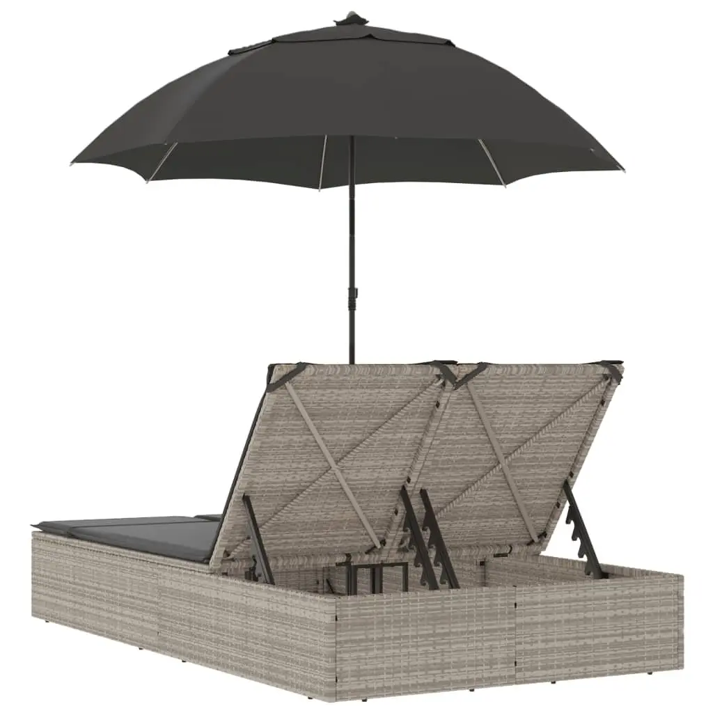 Double Sun Lounger PE Rattan Adjustable Backrest with Parasol Grey