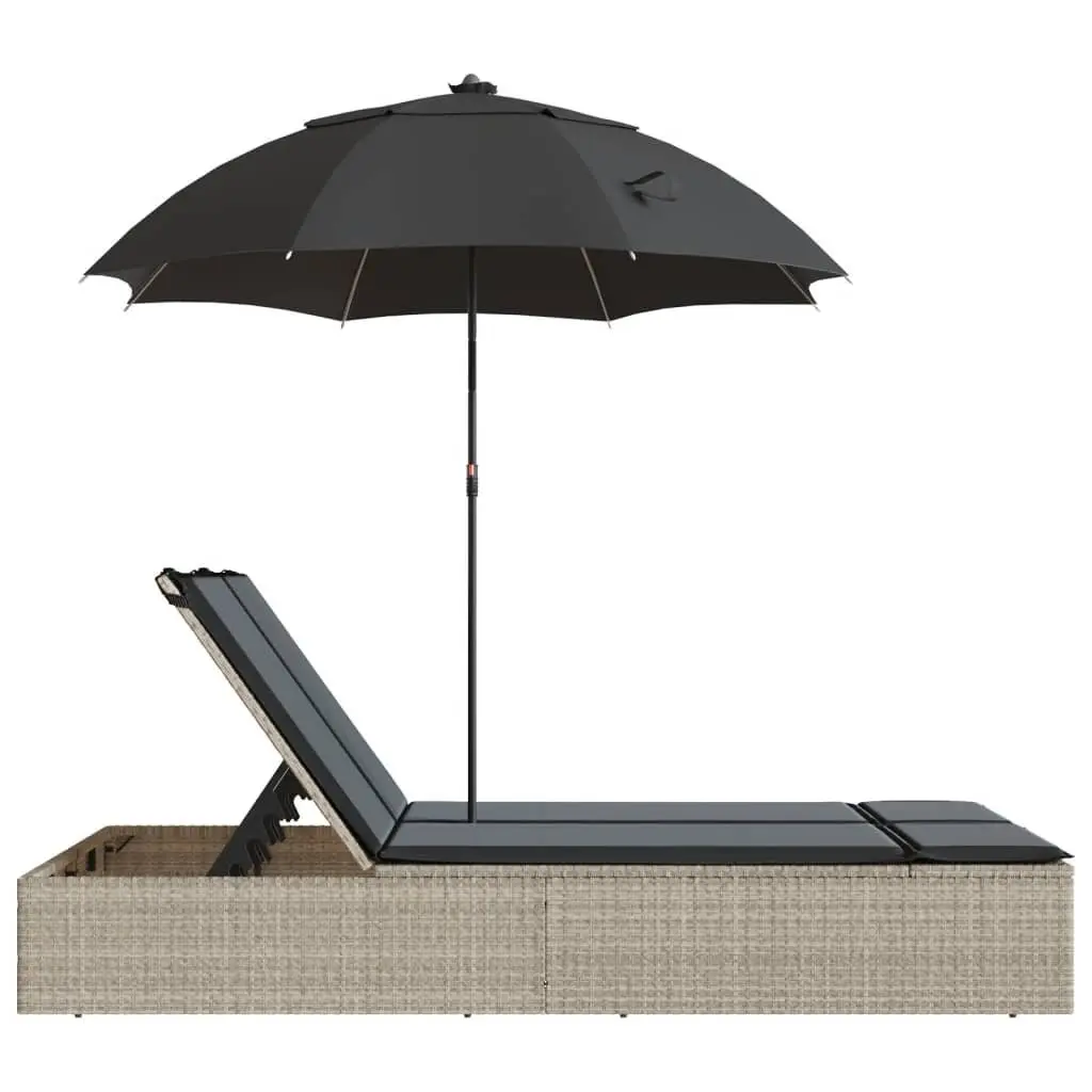 Double Sun Lounger PE Rattan Adjustable Backrest with Parasol Grey