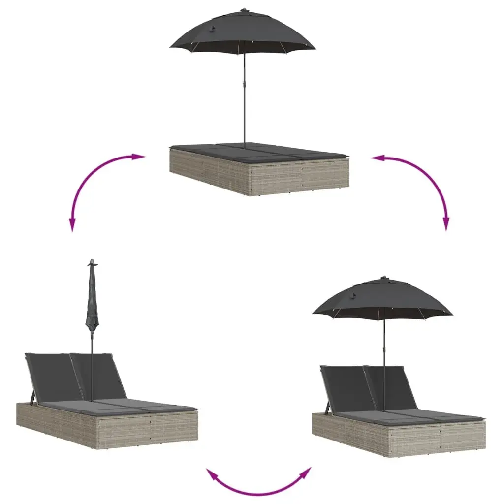 Double Sun Lounger PE Rattan Adjustable Backrest with Parasol Grey