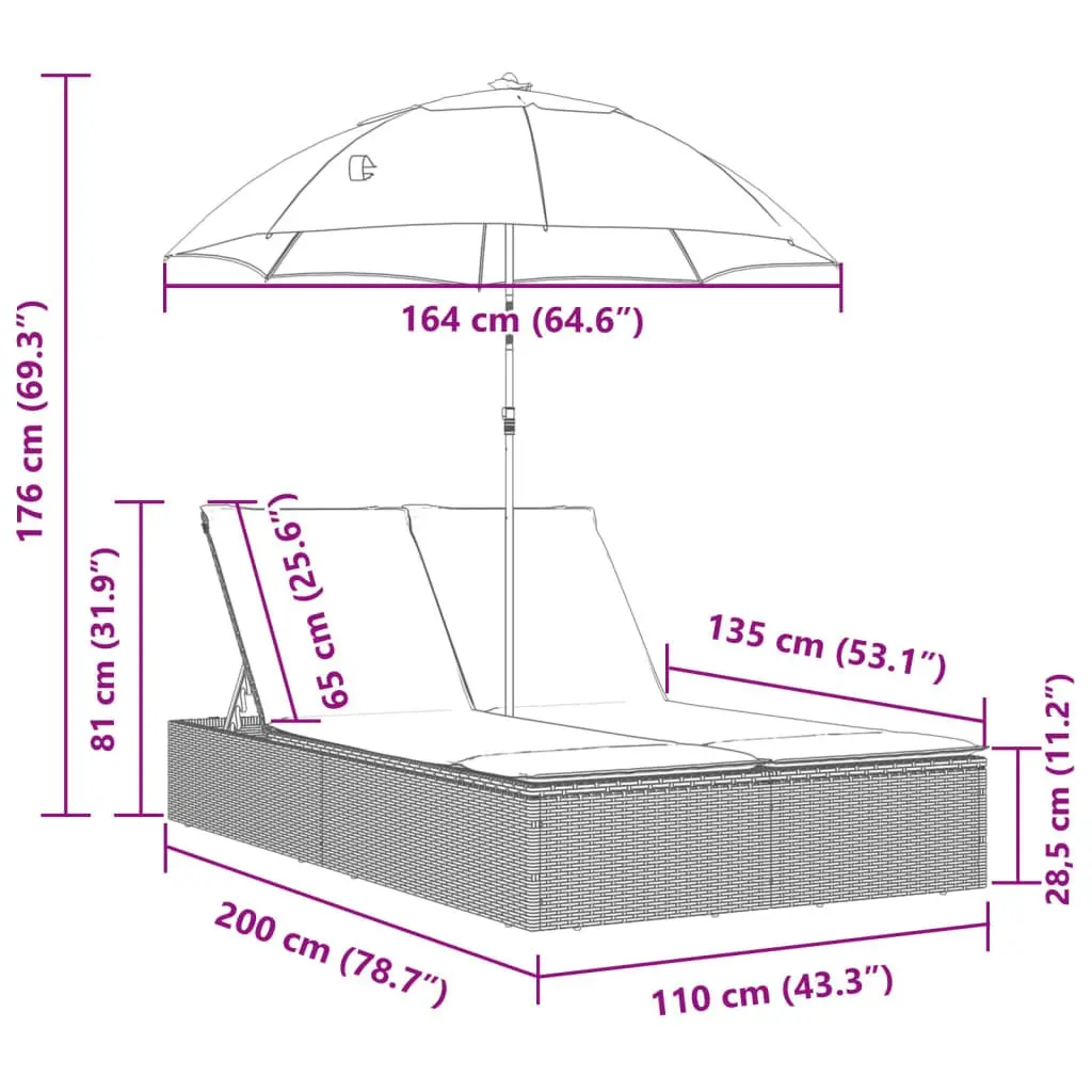Double Sun Lounger PE Rattan Adjustable Backrest with Parasol Grey