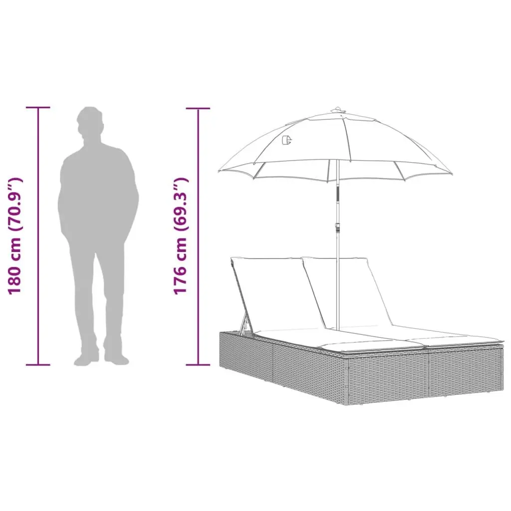 Double Sun Lounger PE Rattan Adjustable Backrest with Parasol Grey