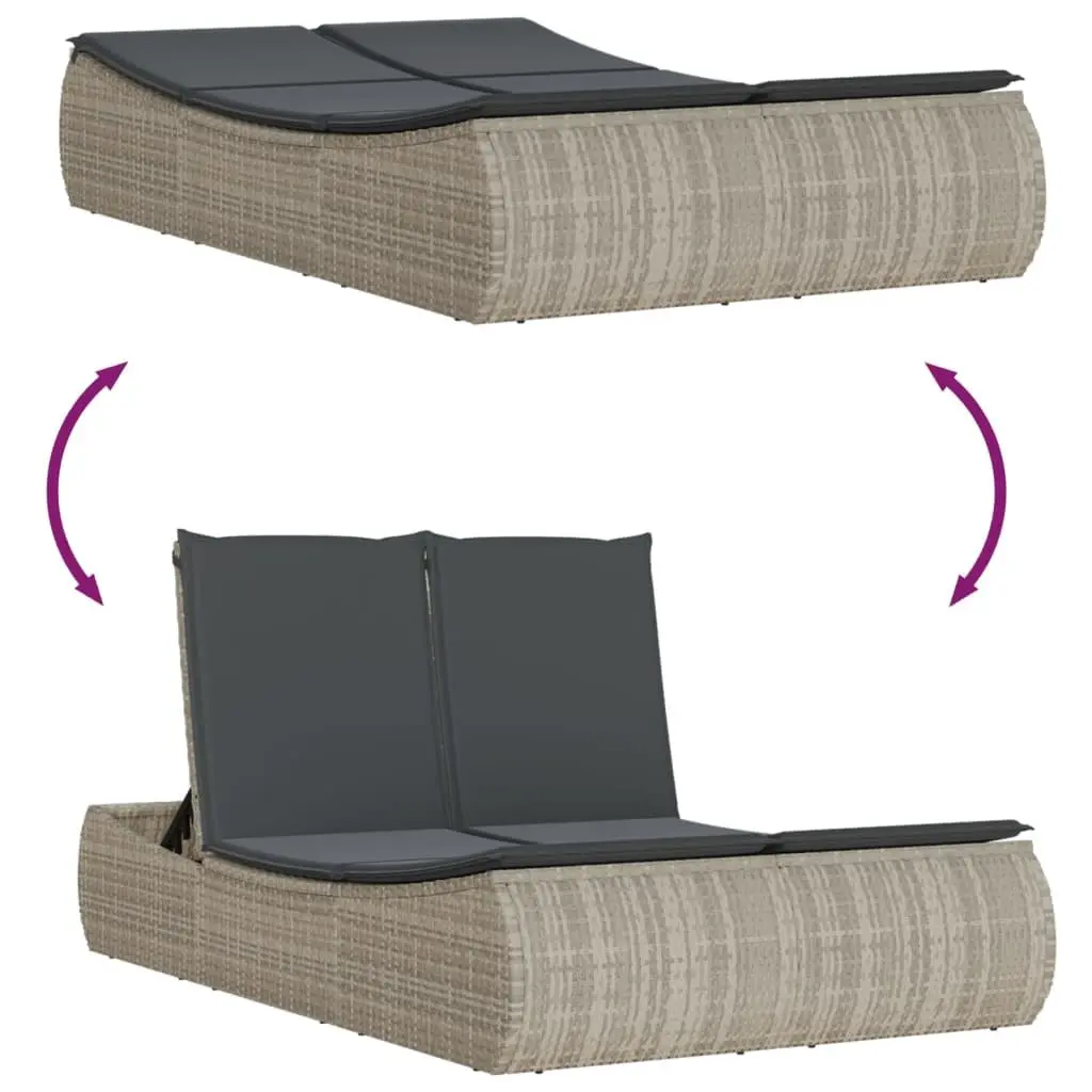 Double Sun Lounger Poly Rattan Grey Adjustable Backrest
