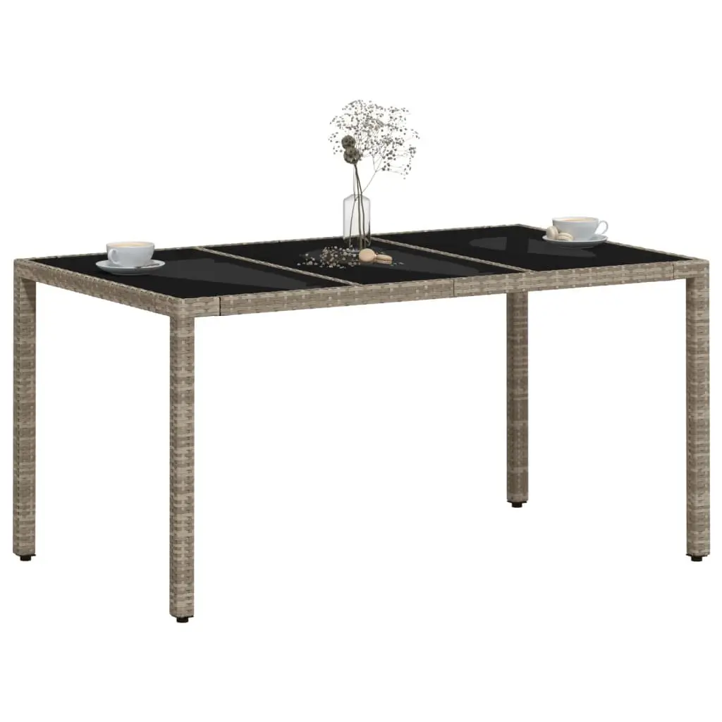 Garden Table Tempered Glass Top 150 x 90 x 75 cm Grey Poly Rattan Frame