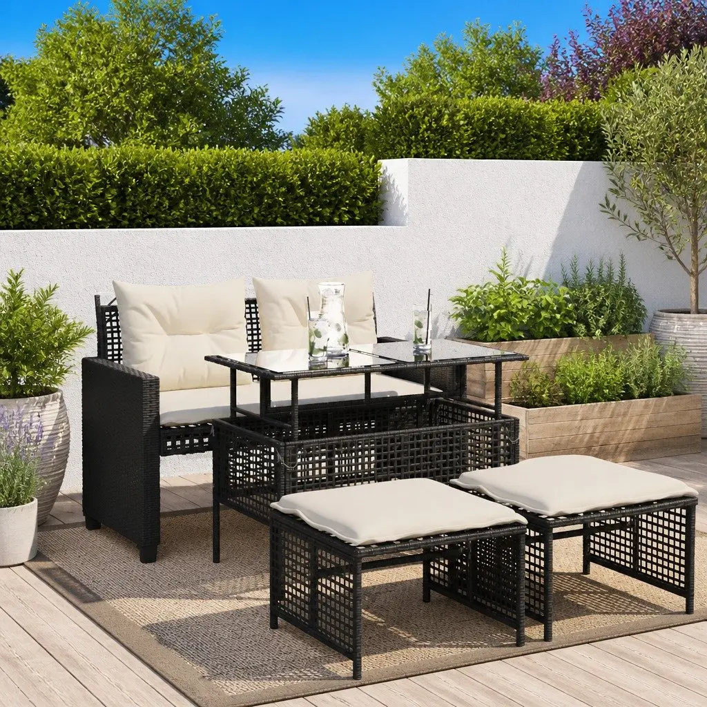 4 Piece Outdoor Garden Sofa Set Black Poly Rattan Sectional with Glass Table