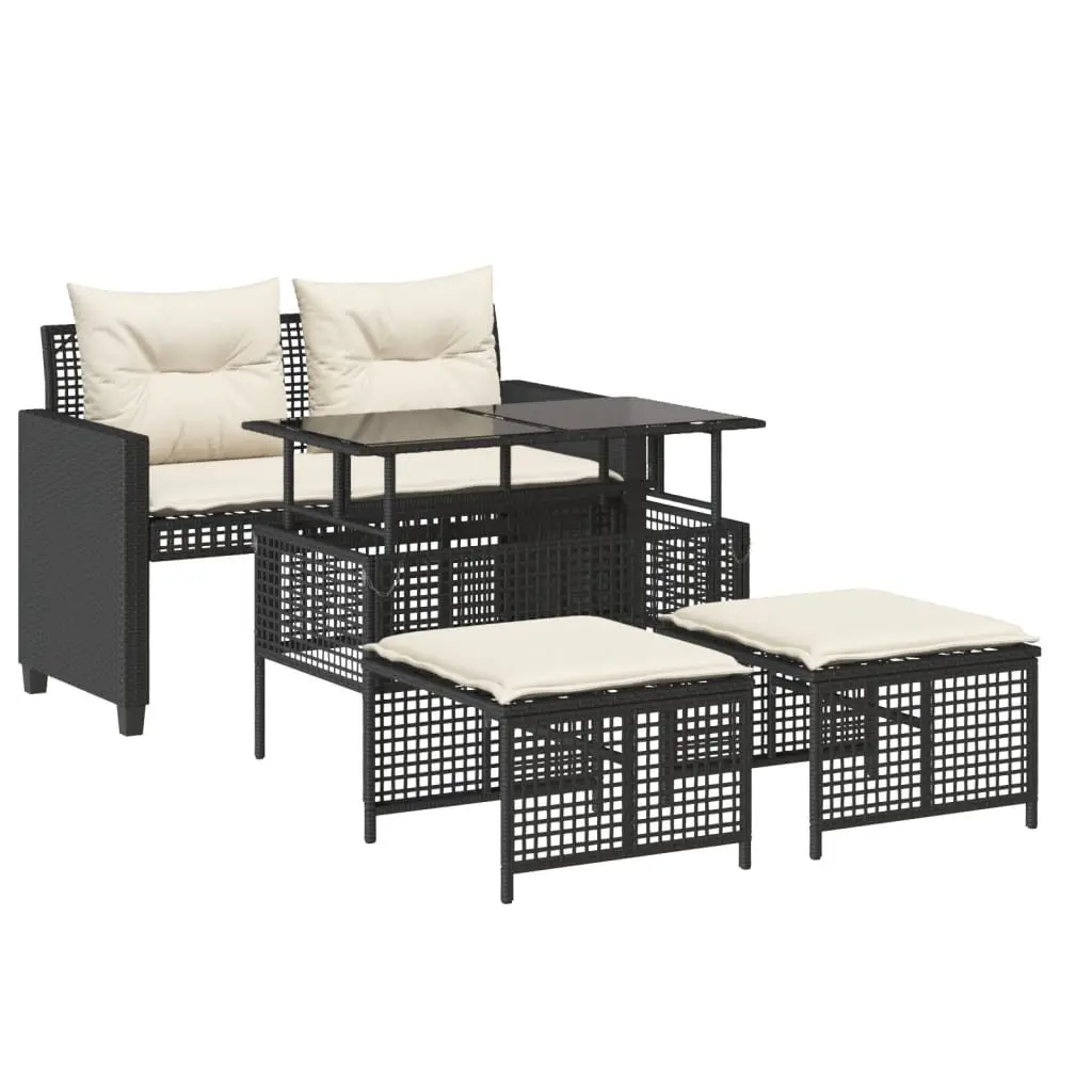 4 Piece Outdoor Garden Sofa Set Black Poly Rattan Sectional with Glass Table