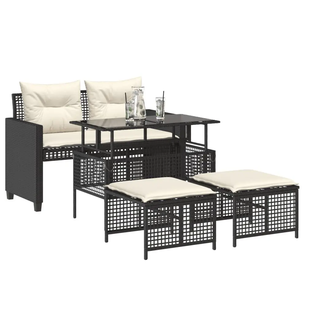 4 Piece Outdoor Garden Sofa Set Black Poly Rattan Sectional with Glass Table