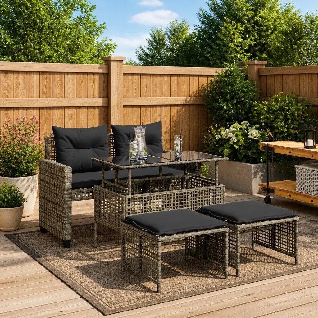 4 Piece Outdoor Garden Sofa Set Poly Rattan Grey with Glass Table