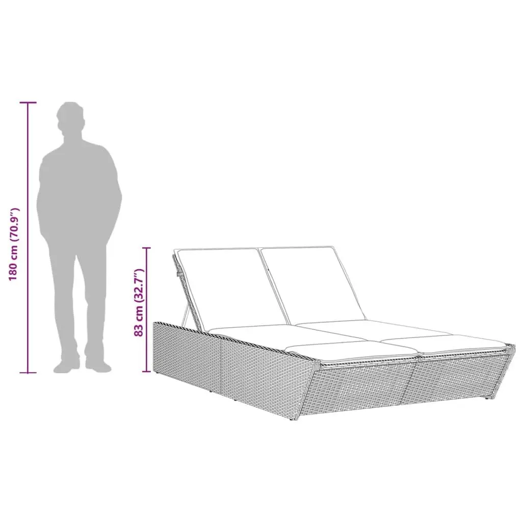 Double Sun Lounger Adjustable Reclining 4 Position PE Rattan Frame with Cushions Brown