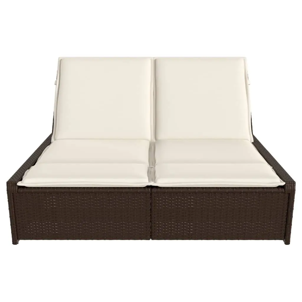 Double Sun Lounger Adjustable Reclining 4 Position PE Rattan Frame with Cushions Brown