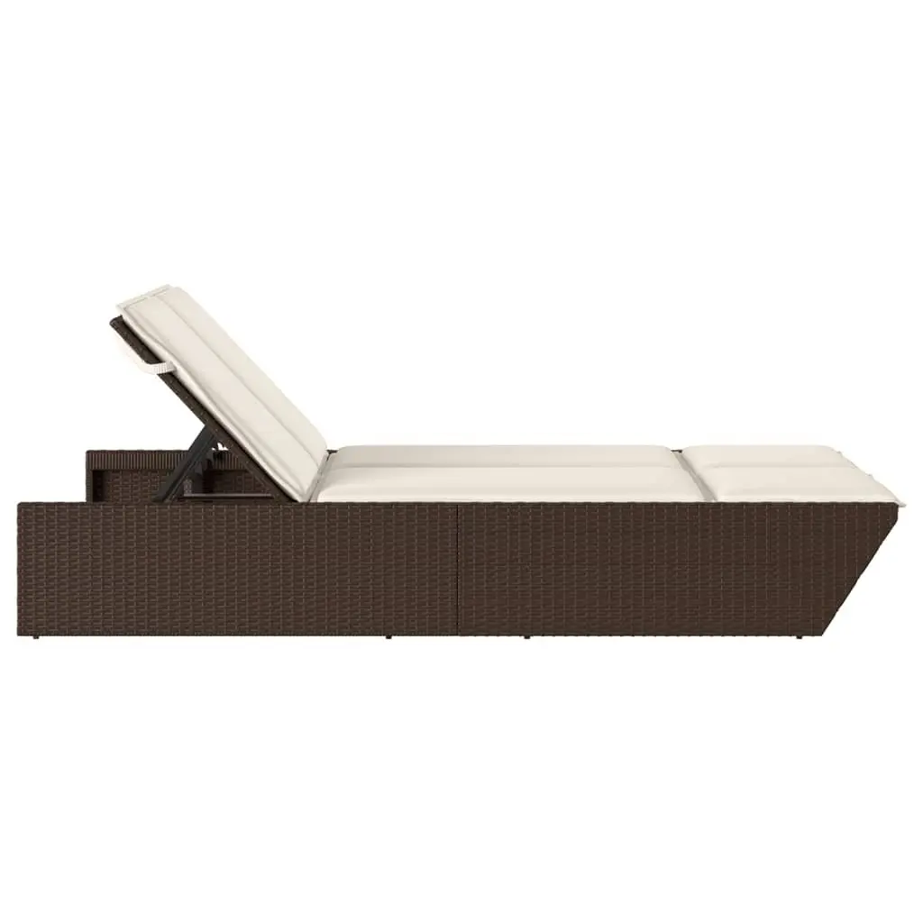 Double Sun Lounger Adjustable Reclining 4 Position PE Rattan Frame with Cushions Brown