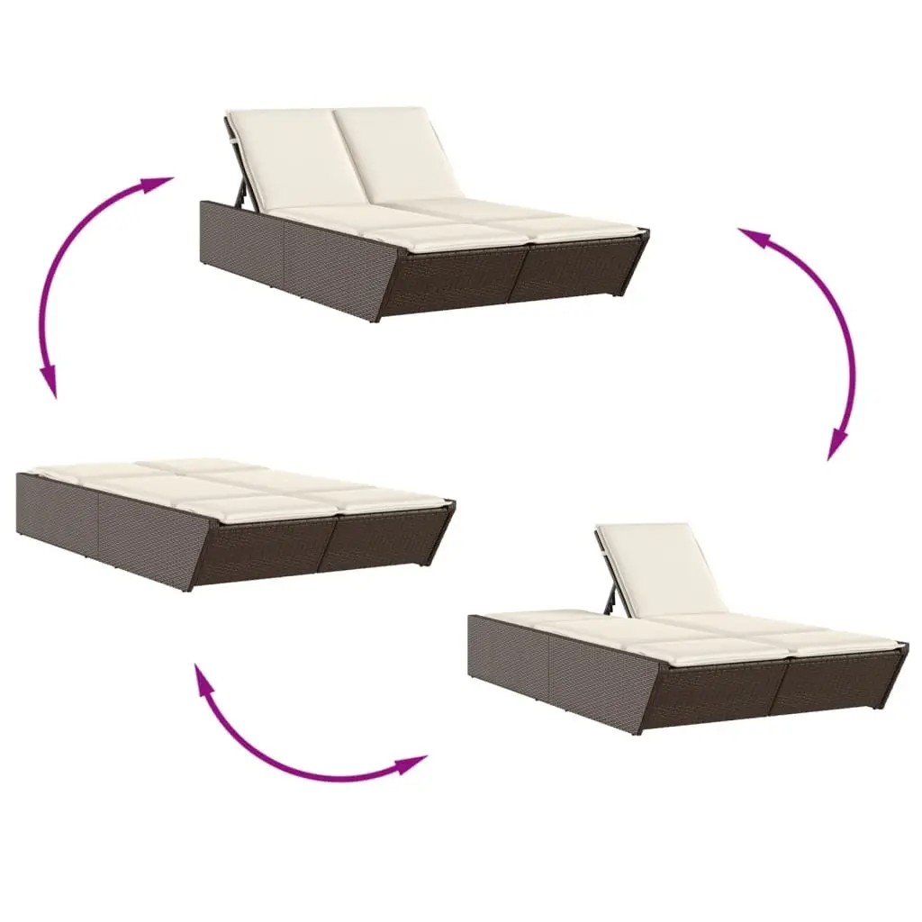Double Sun Lounger Adjustable Reclining 4 Position PE Rattan Frame with Cushions Brown