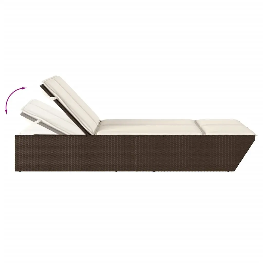 Double Sun Lounger Adjustable Reclining 4 Position PE Rattan Frame with Cushions Brown