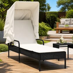 Sun Lounger with Retractable Canopy Adjustable Backrest Outdoor Reclining Chair