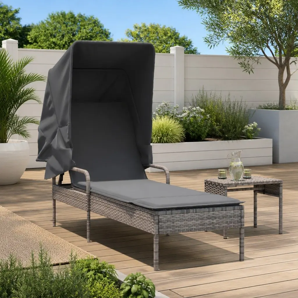 Sun Lounger PE Rattan Adjustable Backrest Grey Outdoor Reclining with Retractable Canopy