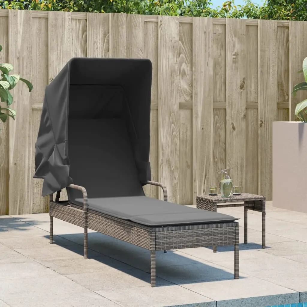 Sun Lounger PE Rattan Adjustable Backrest Grey Outdoor Reclining with Retractable Canopy